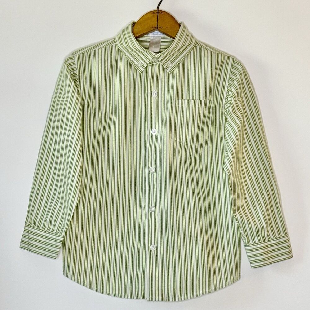 JANIE and JACK Button Shirt Youth Boy's 6 Green White Stripe VNTG Preppy Classic
